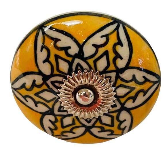 Casa Decor Set Of 4 Hand-Painted Yellow Ceramic Drawer Knobs With Metal Accents - Picture 1 of 8